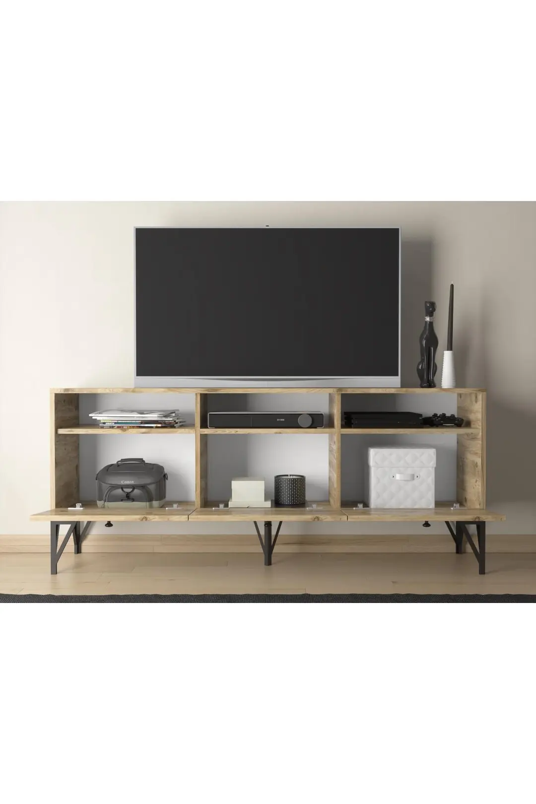 Rhea 160 Cm Dolaplı, Minifiks Bağlantı, Geniş Tv Ünitesi - Konsol - Atlantik Çam / Siyah